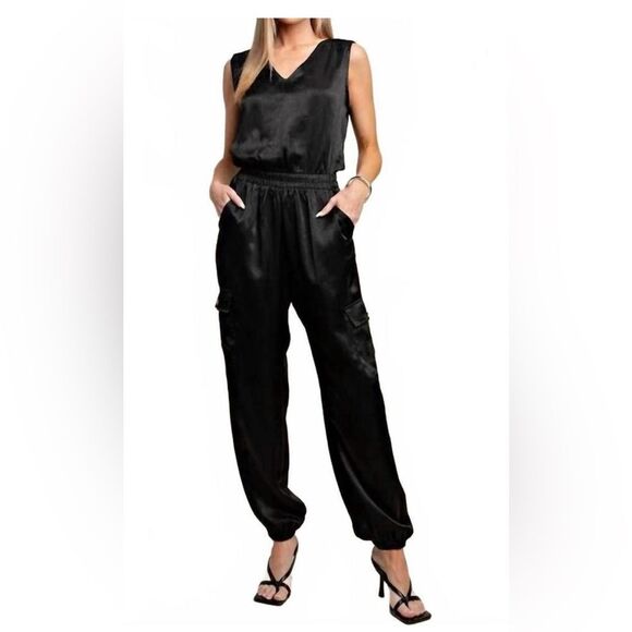 Kori Women’s New Black Satin Sleeveless Jumpsuit with Silver Snaps  Size Small - Picture 1 of 15